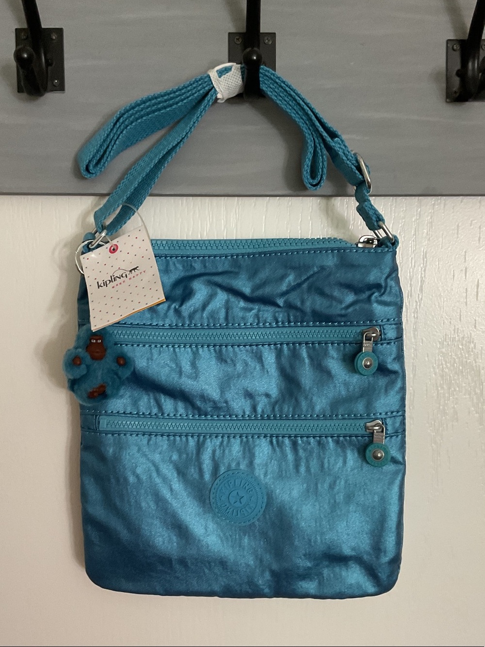 Kipling Shimmer Teal Blue Crossbody with Monkey Charm